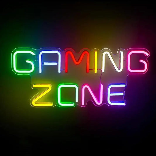 Colorful neon 'GAMING ZONE' sign for arcade or game room decor, vibrant LED lighting
