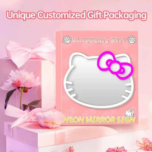 Hello Kitty neon mirror sign with pink bow, customized gift packaging