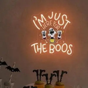 Here for the Boos Neon Sign, Cute Ghost & Wine Neon Sign, Funny Bedroom Decor, Halloween Party Decor, Spooky Vibe Wall Art, Boo Halloween FYLZGO Signs