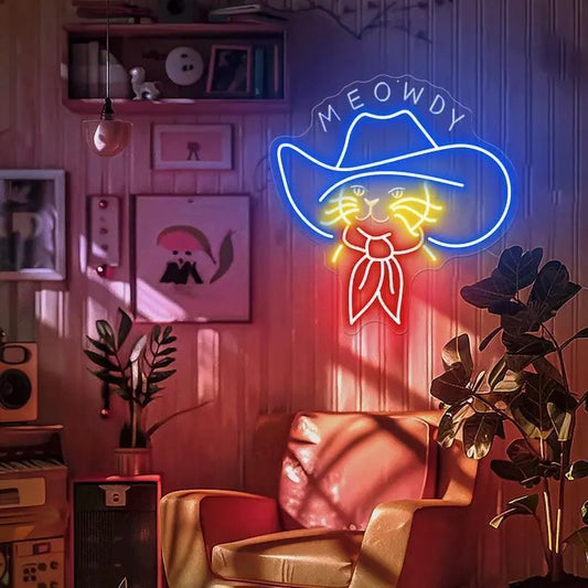 Cowboy Cat Neon Sign, Meowdy Neon Sign, Cat Lover Gift, KidRoom Decor, Funny Cat Light Sign, Cute Cat Neon Sign Lights, Cat Led Sign FYLZGO Signs