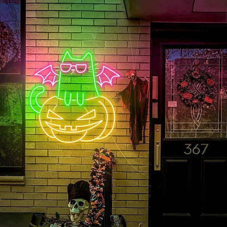 Pumpkin Cat Neon Sign, Cat Led Lights, Halloween Cat Neon LED, Cat Light Sign Wall Decor, Pumpkin LED Sign Bedroom, Halloween Decor - T3165 FYLZGO Signs