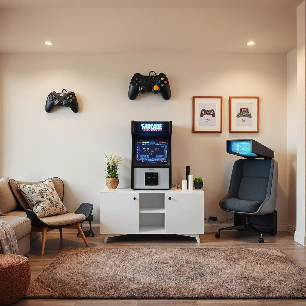 Living room featuring a retro arcade cabinet, LED glow, and framed pixel-art decor
