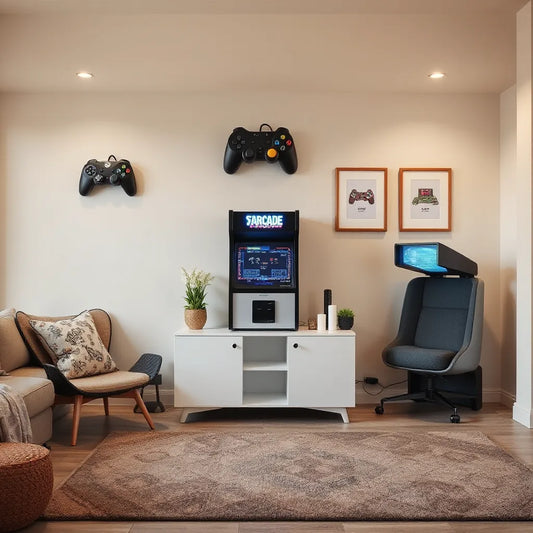 Living room featuring a retro arcade cabinet, LED glow, and framed pixel-art decor