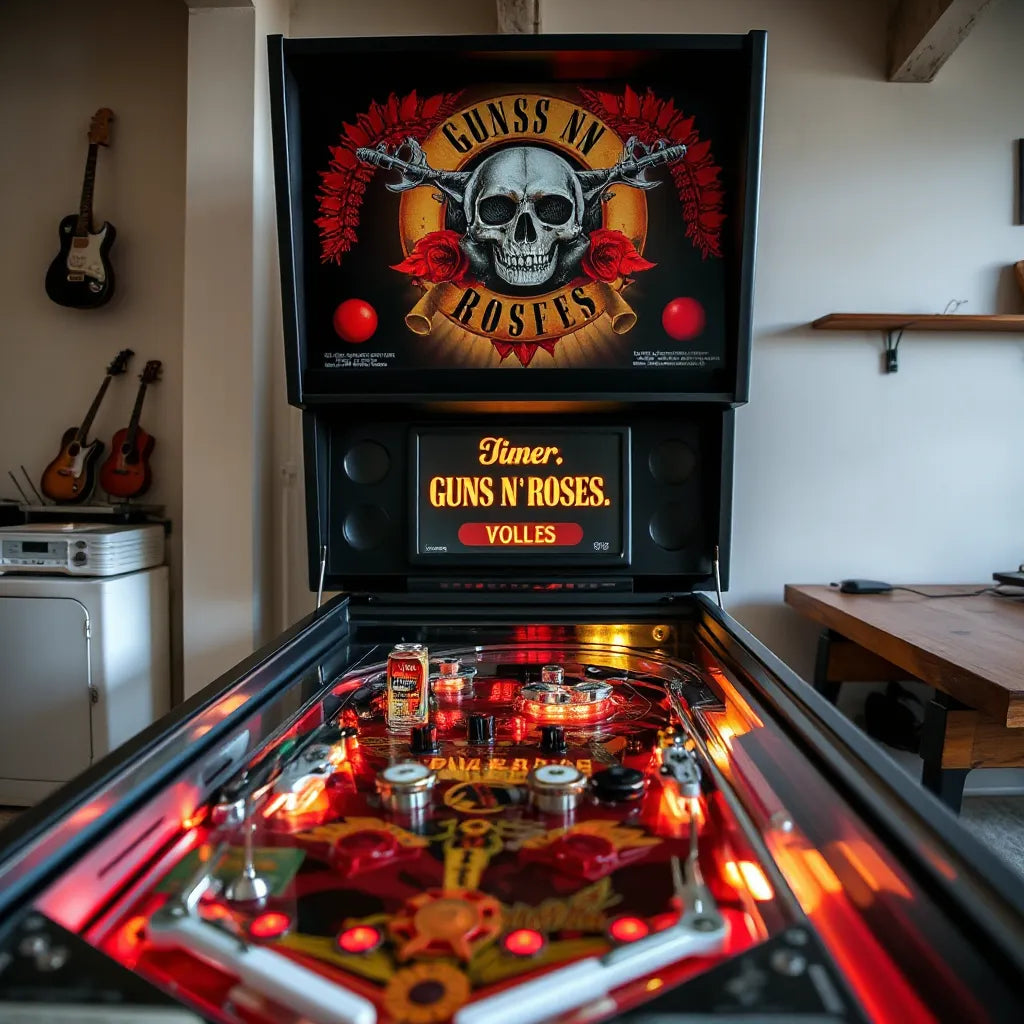 Pinball machine with a mounted rock-themed topper and warm red amber lighting above the playfield