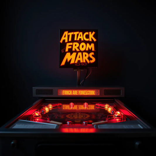Illuminated Attack From Mars style topper mounted on a pinball machine with red and amber LED glow