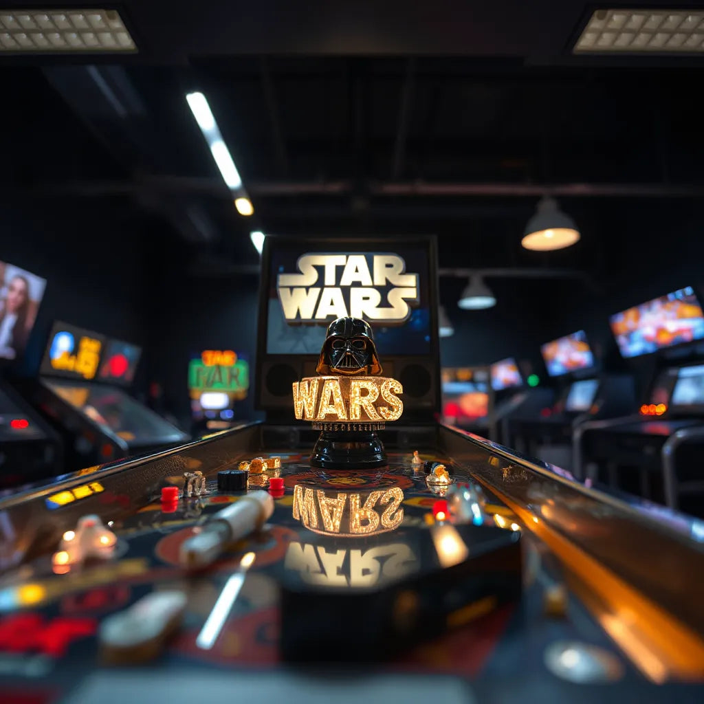 Star Wars themed pinball topper with a bright, space-themed glow on top of a pinball machine