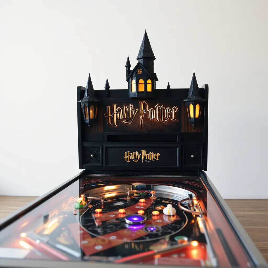 Warmly lit Harry Potter themed topper on a pinball machine in a clean indoor setting