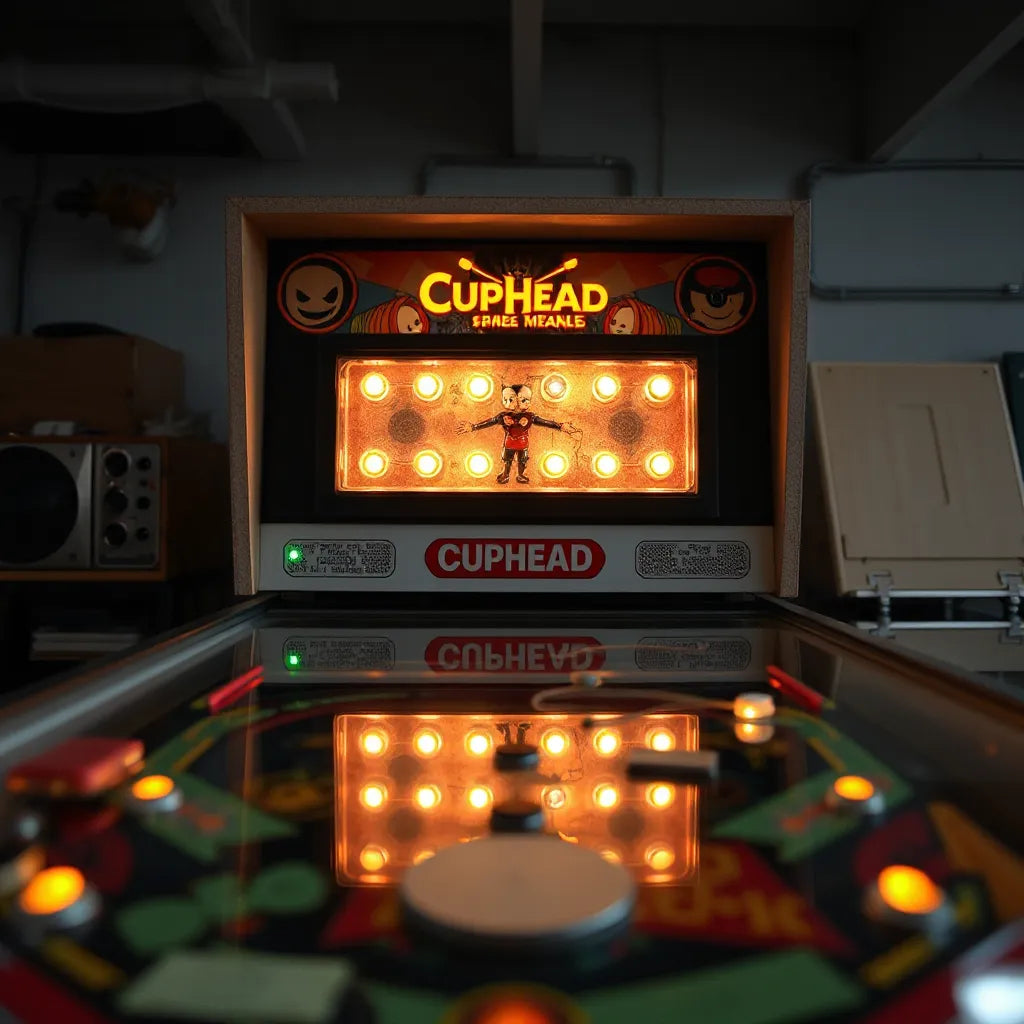 Cuphead themed LED light box glowing on a pinball playfield with visible clear acrylic and tidy wiring