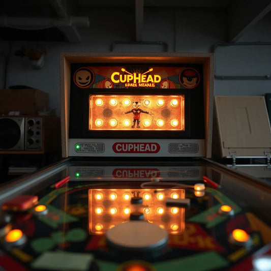 Cuphead themed LED light box glowing on a pinball playfield with visible clear acrylic and tidy wiring