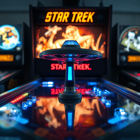 Star Trek themed pinball topper glowing above a pinball machine playfield in a dark arcade