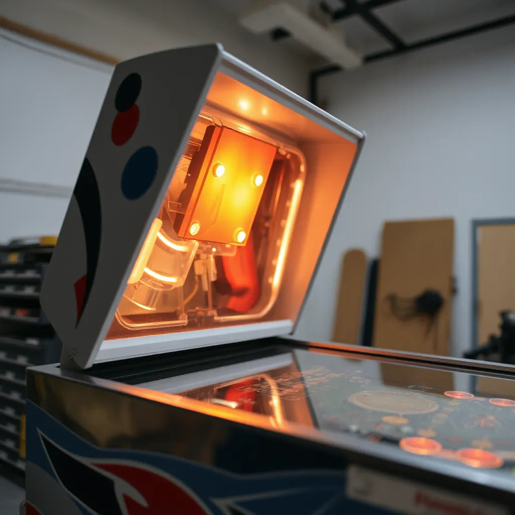 Warm LED glow from a 3D printed lightbox installed on a pinball machine playfield