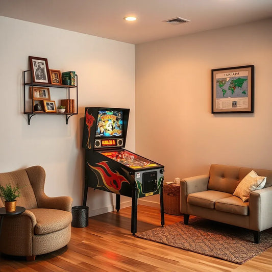 Classic pinball machine centerpiece with warm arcade-inspired lighting in a stylish game room