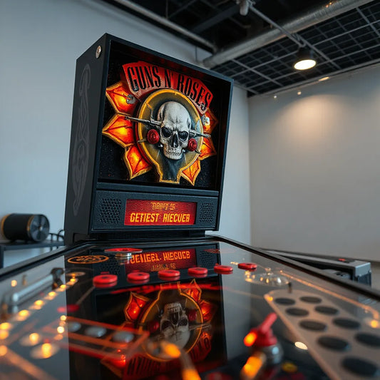 Warm LED Guns N' Roses themed pinball topper mounted on a pinball backglass