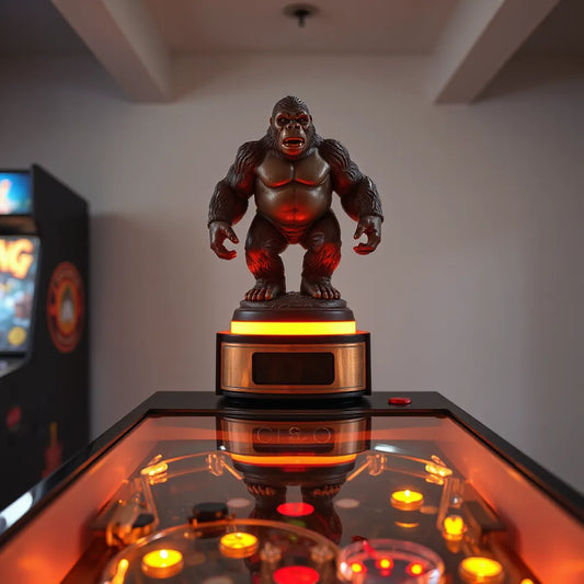 King Kong themed pinball topper with warm LED glow on a classic arcade machine