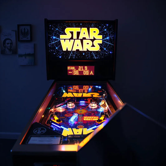 Star Wars themed pinball topper glowing blue and amber above a classic pinball machine