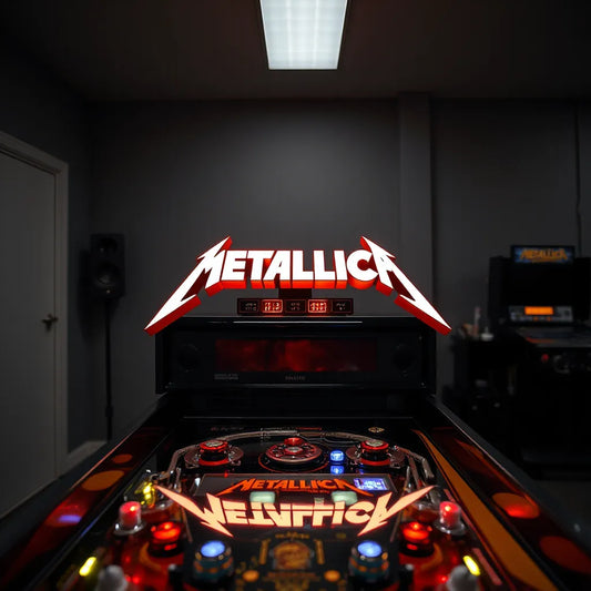 Illuminated Metallica-themed topper mounted on a pinball machine in a dim game room