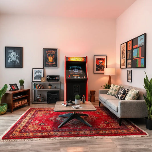 Warmly lit game room with a vintage arcade cabinet, neon accents, and colorful retro wall decor