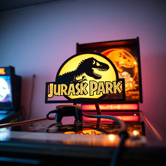 Jurassic Park themed pinball topper with warm LED glow on a pinball machine cabinet