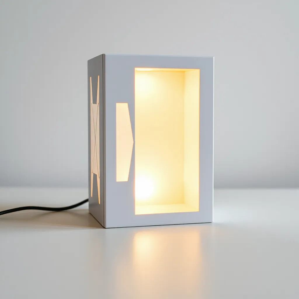 Geometric 3D printed light box with soft warm internal glow on a neutral tabletop