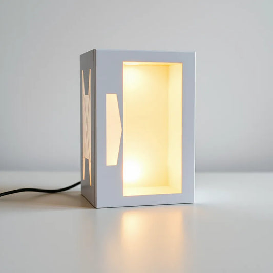 Geometric 3D printed light box with soft warm internal glow on a neutral tabletop