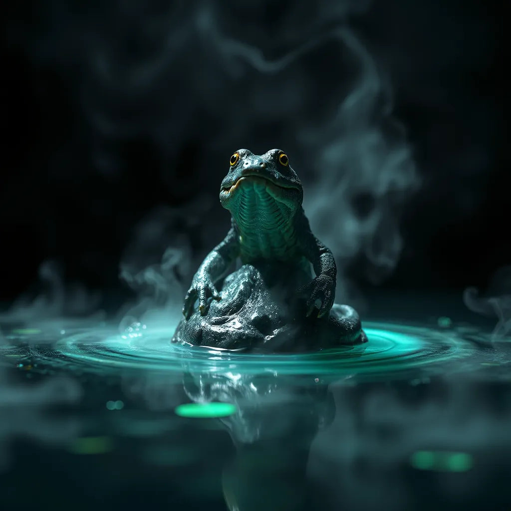 Amphibious creature topper emerging from misty lagoon with subtle green-blue glow