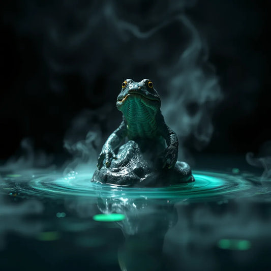 Amphibious creature topper emerging from misty lagoon with subtle green-blue glow
