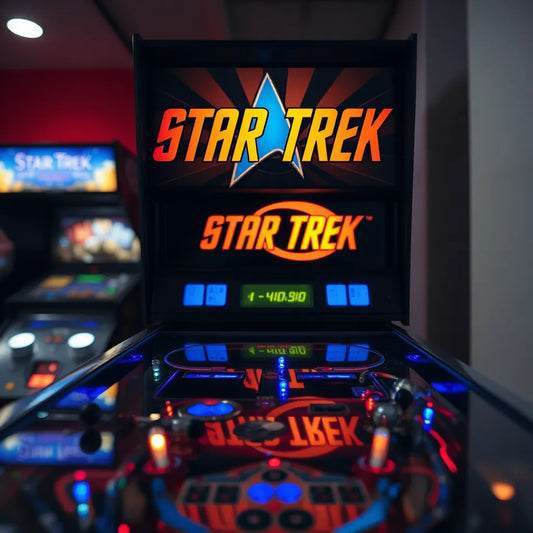 Star Trek themed pinball topper with glowing blue and amber LEDs mounted above the playfield