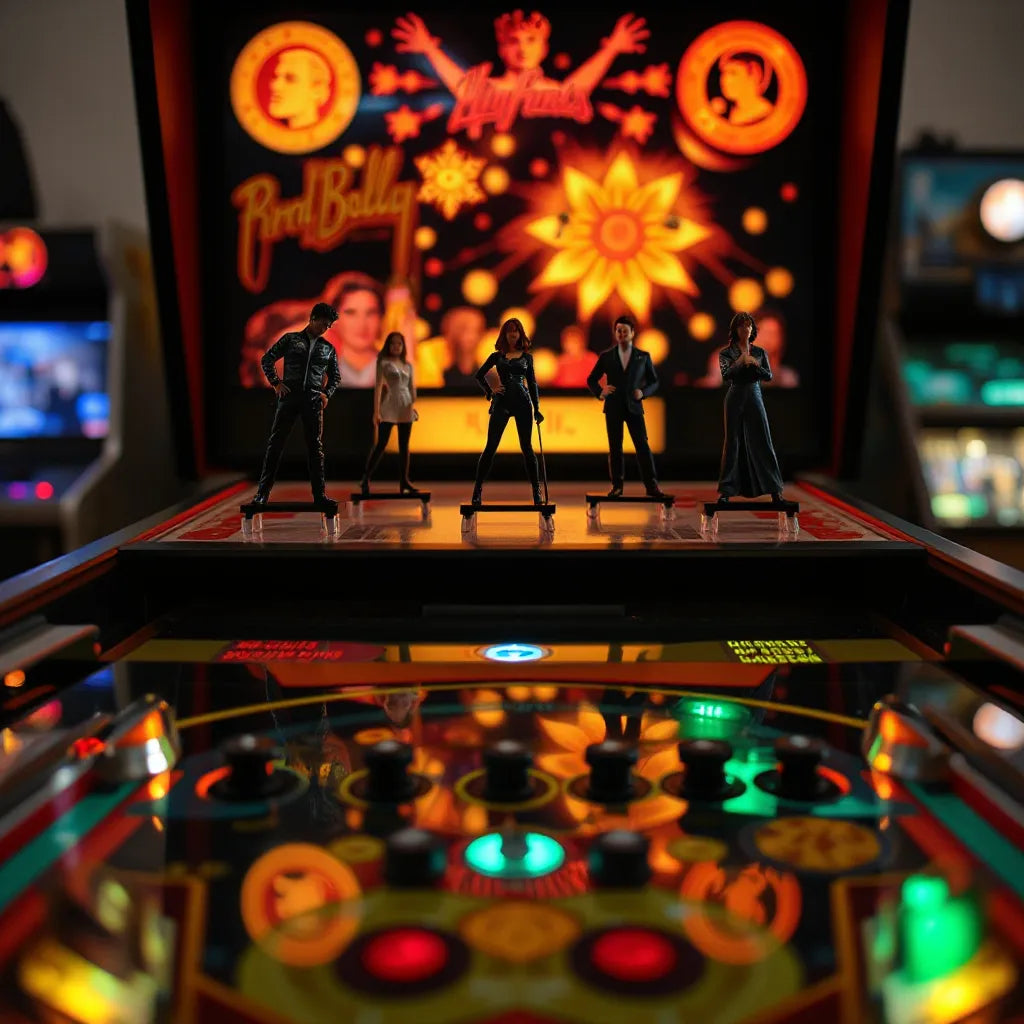 Celebrity-themed pinball toppers mounted above a pinball machine under warm arcade lighting
