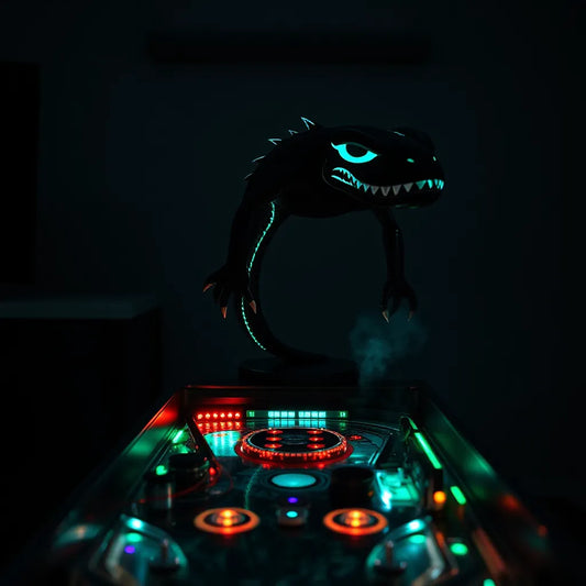 Green-blue glowing amphibious creature pinball topper above a dim playfield with waterlike mist