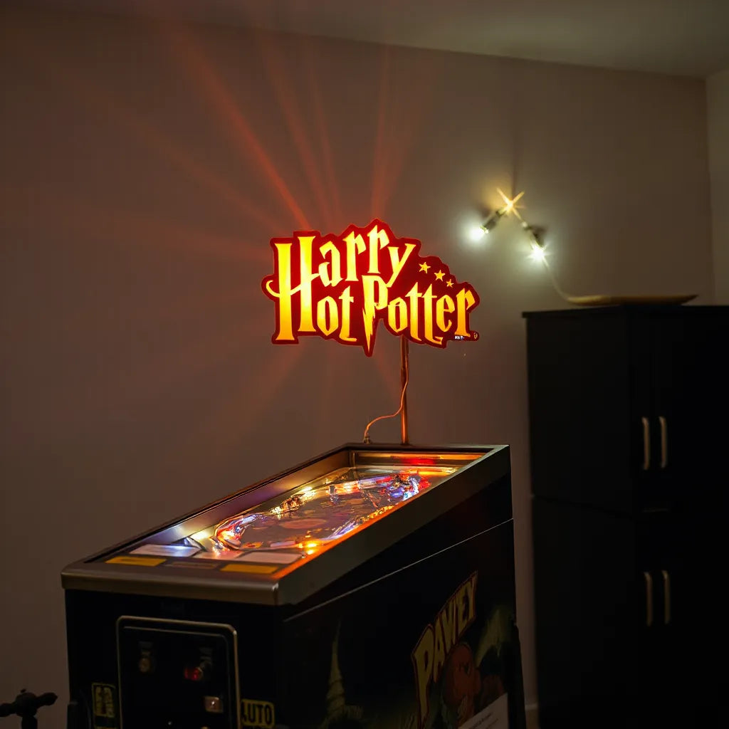 Glowing Harry Potter themed topper mounted on a pinball machine with warm light accents