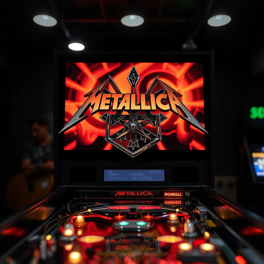 Glowing Metallica-themed pinball topper mounted above a playfield in a dark arcade setting