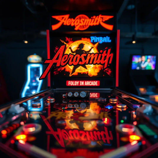A pinball machine with an Aerosmith-style topper and warm red-orange accent lighting at the top