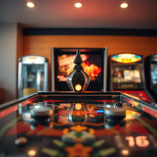 Premium pinball machine topper with warm ambient glow above the playfield