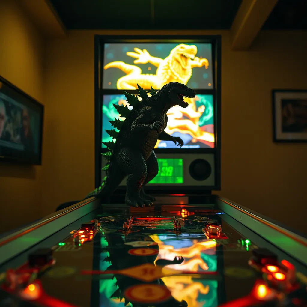 Glowing Godzilla pinball topper mounted above a playfield in a dim room