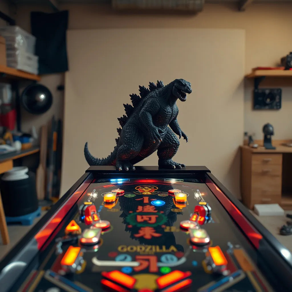 Godzilla-themed pinball topper with glowing LEDs mounted above a pinball playfield