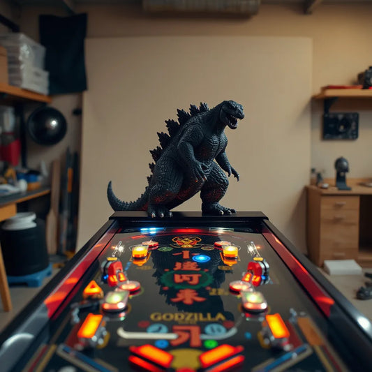 Godzilla-themed pinball topper with glowing LEDs mounted above a pinball playfield