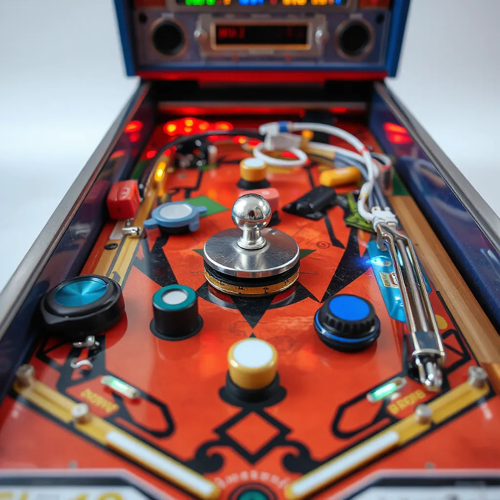 Pinball accessories and a decorative topper component arranged beside a pinball playfield