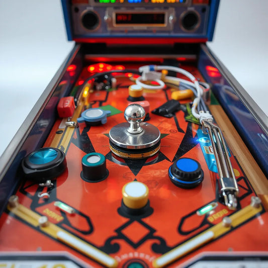 Pinball accessories and a decorative topper component arranged beside a pinball playfield