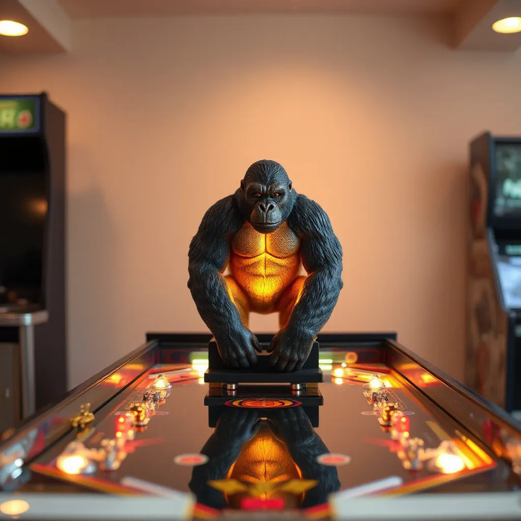 King Kong themed illuminated pinball topper on a classic pinball machine, centered above the playfield