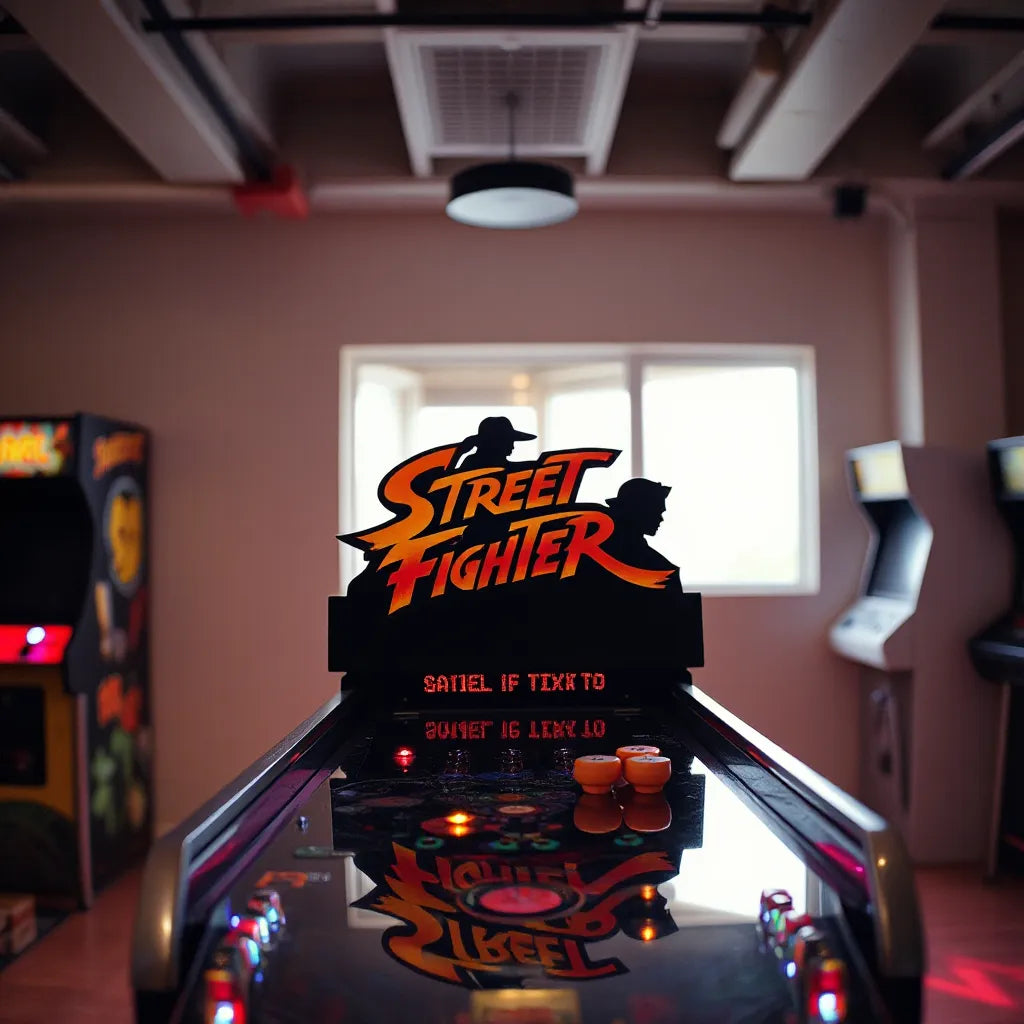 Street Fighter-themed pinball topper with glowing accents mounted on a pinball backbox
