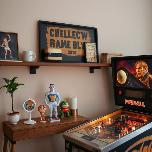 Licensed pinball accessories arranged beside a pinball machine in a warmly lit game room