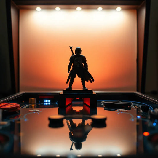 Mandalorian pinball topper with soft warm illumination mounted on a pinball machine playfield