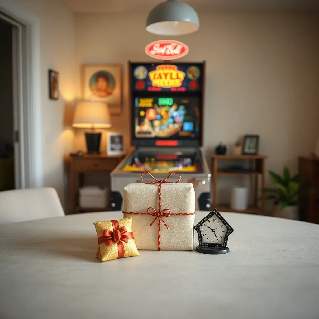 Pinball machine in the background with neatly arranged pinball-themed gifts on a small table