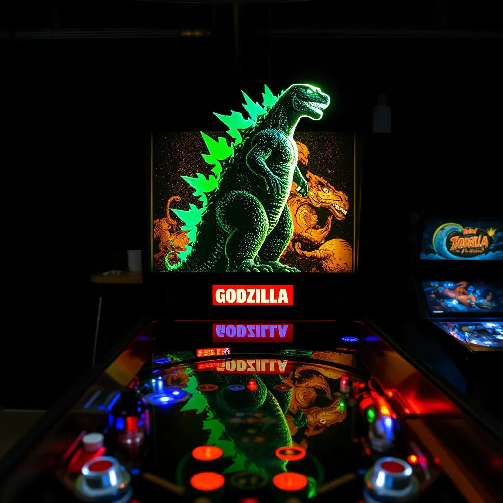 Pinball machine with a glowing Godzilla-style topper and LED halo above the playfield