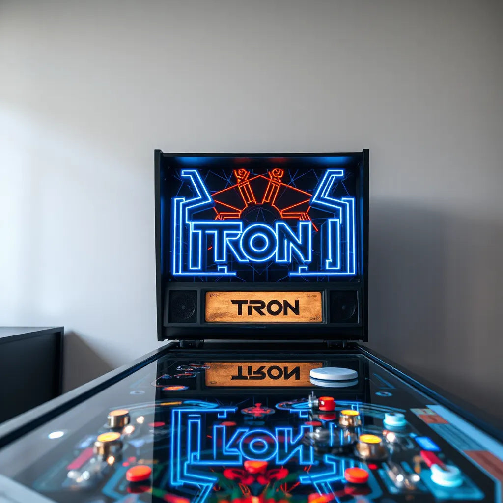 Tron pinball topper with cyan and blue glowing geometric lights above the playfield
