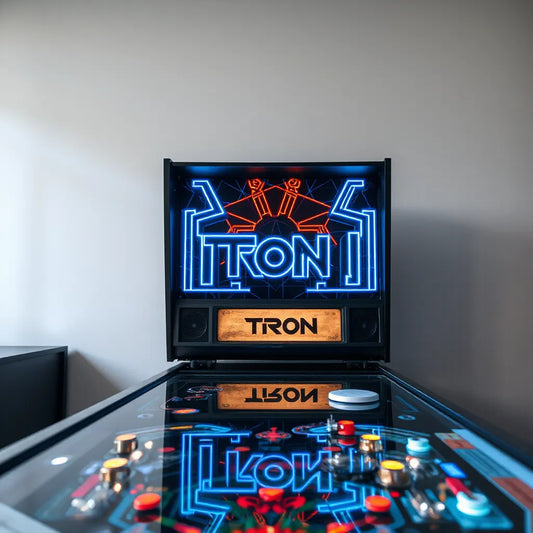 Tron pinball topper with cyan and blue glowing geometric lights above the playfield