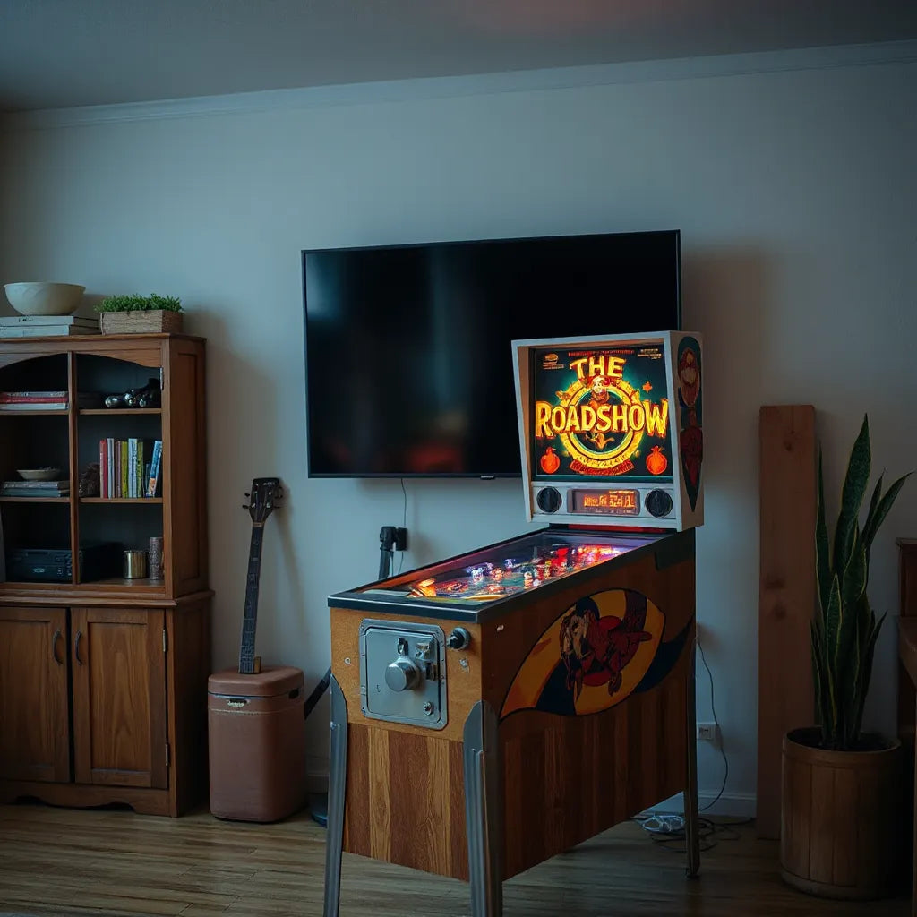 Classic pinball machine with a mounted Roadshow-style topper glowing above the playfield