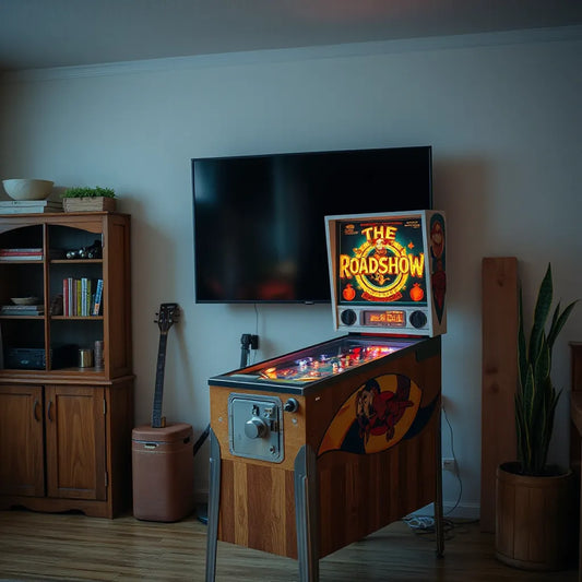 Classic pinball machine with a mounted Roadshow-style topper glowing above the playfield
