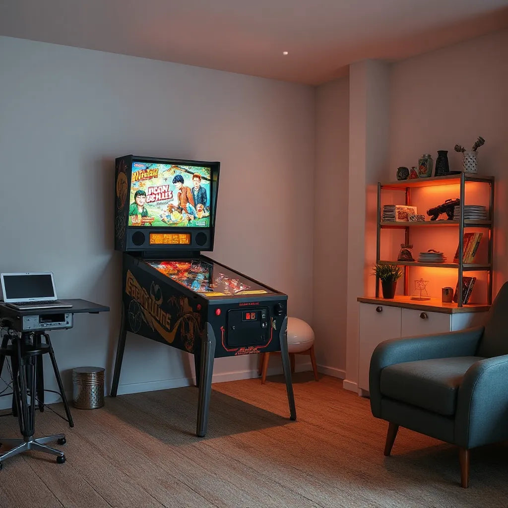 Pinball machine with pop culture inspired accessories and matching collectibles in a warmly lit game room