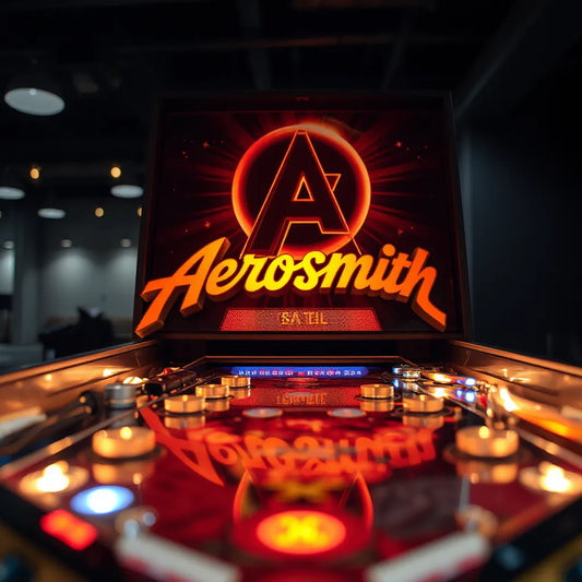 Aerosmith-themed pinball topper with warm LED glow installed above the playfield